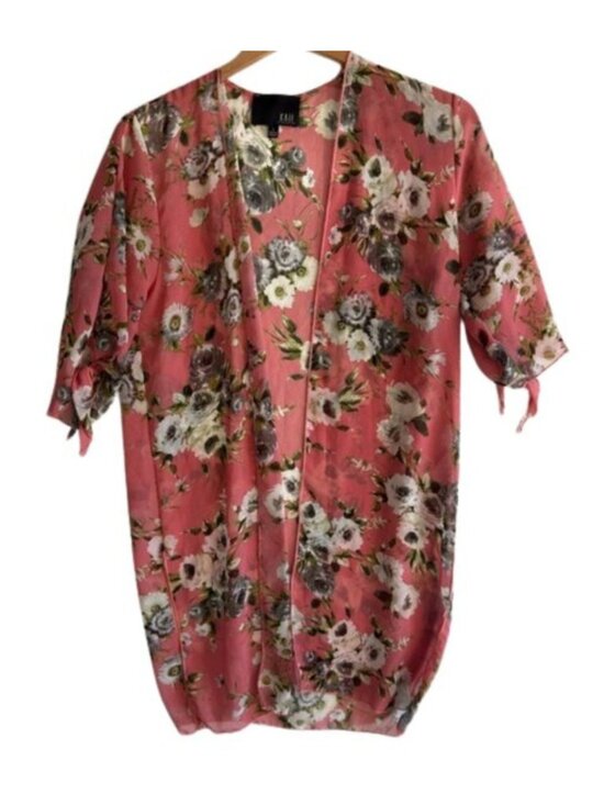 Kaii Sweaters - KAII Floral Open Front Kimono Coral Pink Size Large Short Sleeve Duster